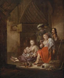 Boereninterieur met figuren bij een haard